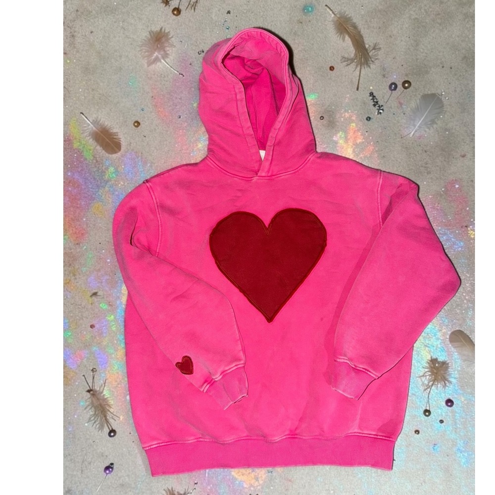 Hot Pink Heart Hoodie - Mineral Wash - Size Small (oversized!)